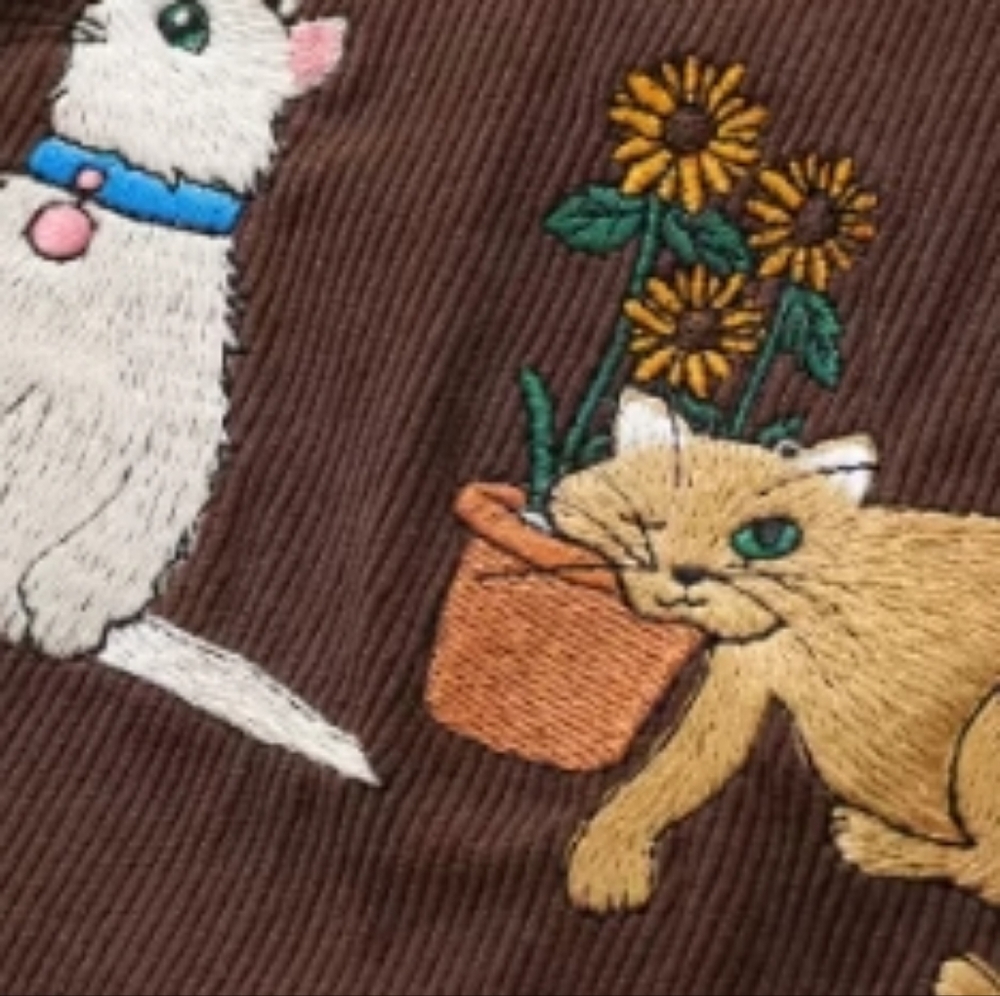 Brown Corduroy Cat Butterfly Embroidery Shirt - Picture 4 of 4